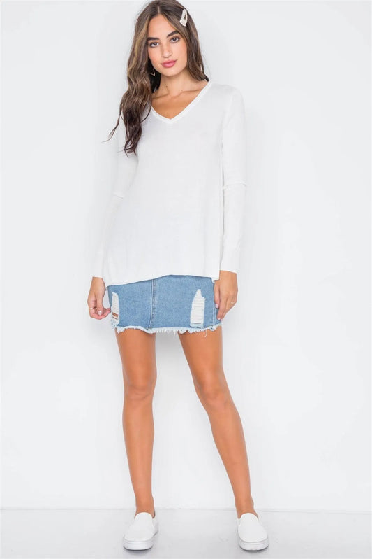 Ivory Knit Casual V-Neck Solid Long Sleeve Sweater - Tasha Apparel Wholesale