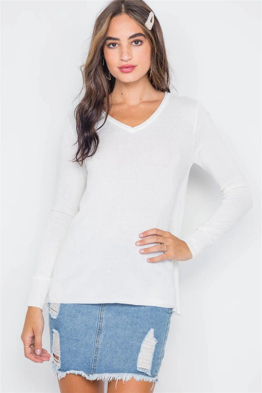 Ivory Knit Casual V-Neck Solid Sweater - Tasha Apparel Wholesale