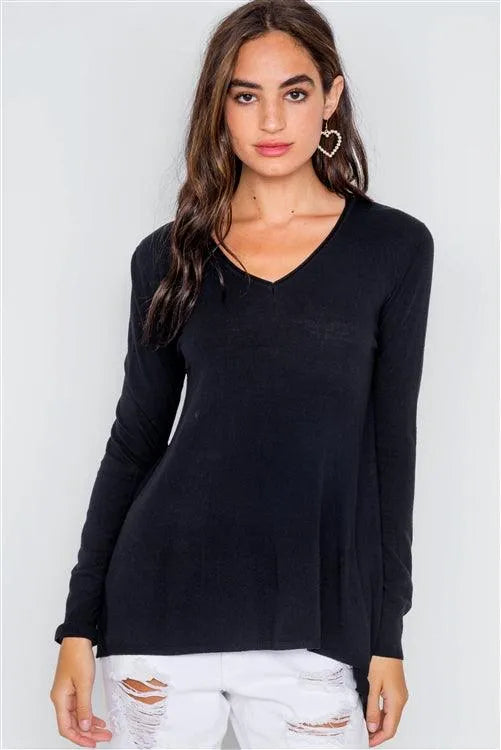 Black Knit V-Neck Solid Long Sleeve Lightweight Sweater - Tasha Apparel Wholesale