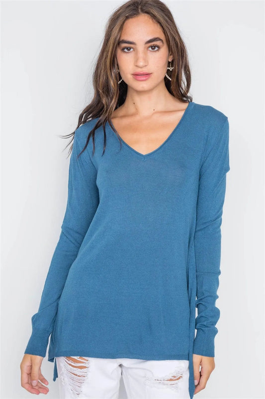 Blue Jean Knit V-Neck Casual Solid Long Sleeve Sweater - Tasha Apparel Wholesale