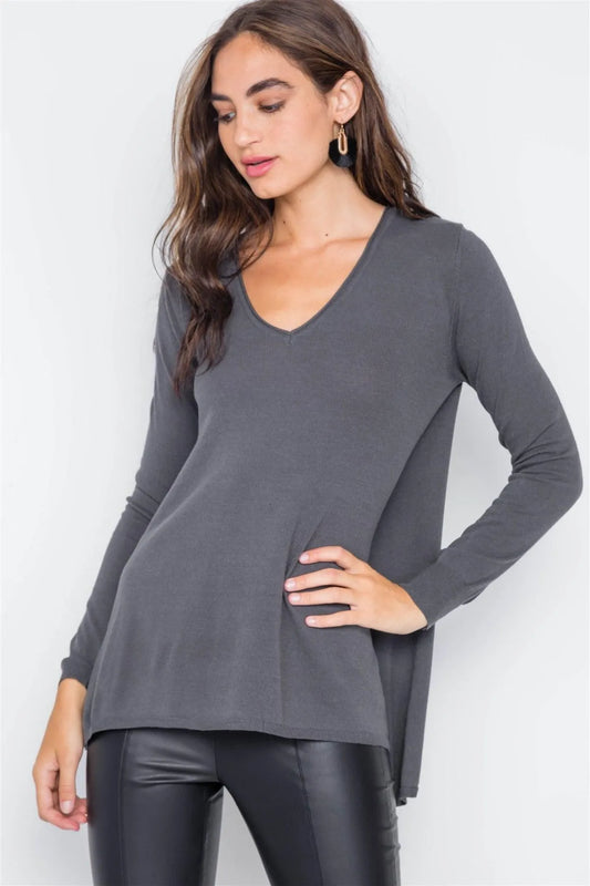 Charcoal Knit V-Neck Casual Solid Long Sleeve Sweater - Tasha Apparel Wholesale