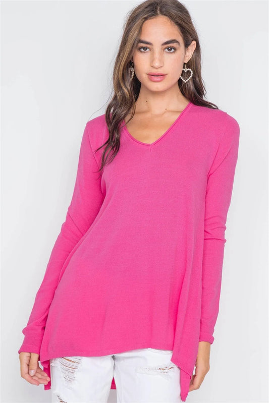 Hot Pink Knit V-Neck Casual Solid Long Sleeve Sweater - Tasha Apparel Wholesale