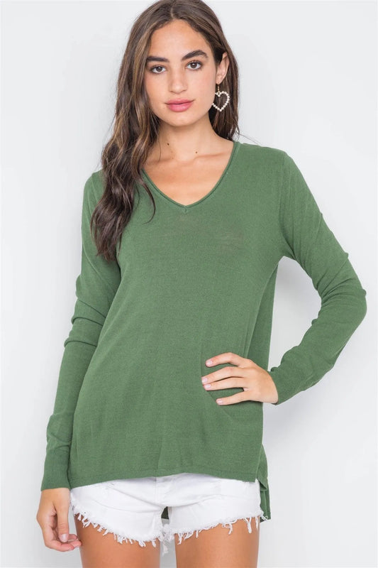 Olive Knit V-Neck Casual Solid Long Sleeve Sweater - Tasha Apparel Wholesale