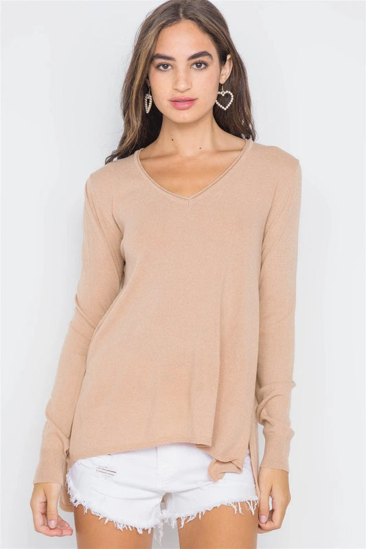 Sand Taupe Knit V-Neck Casual Solid Long Sleeve Sweater - Tasha Apparel Wholesale