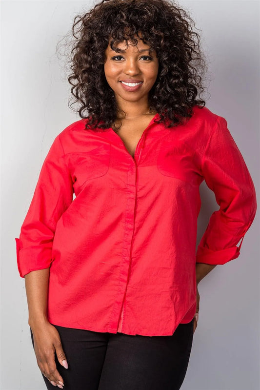 Red Roll-Sleeve Plus Size Top /3-2-1 - Tasha Apparel Wholesale
