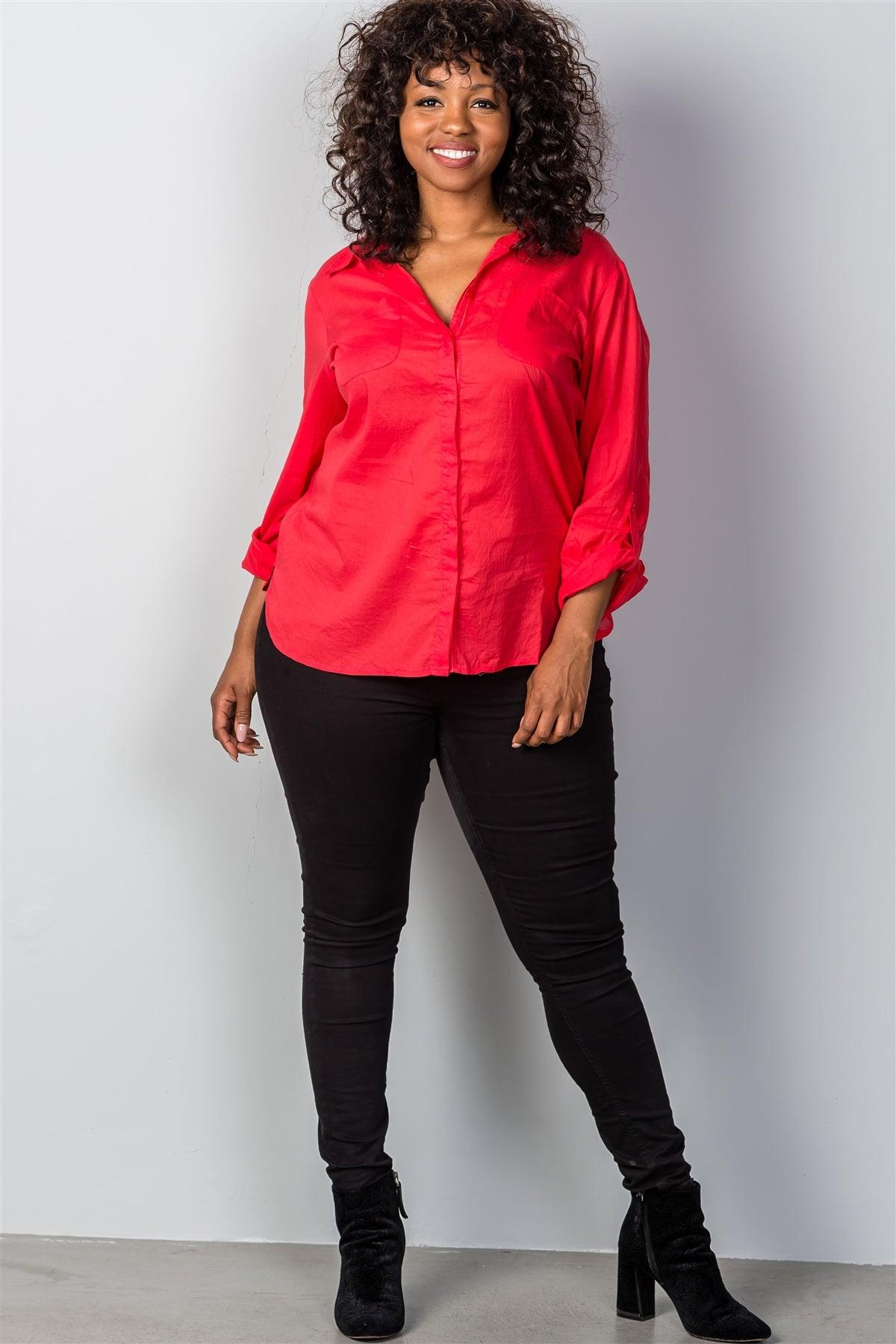 Red Roll-Sleeve Plus Size Top /3-2-1