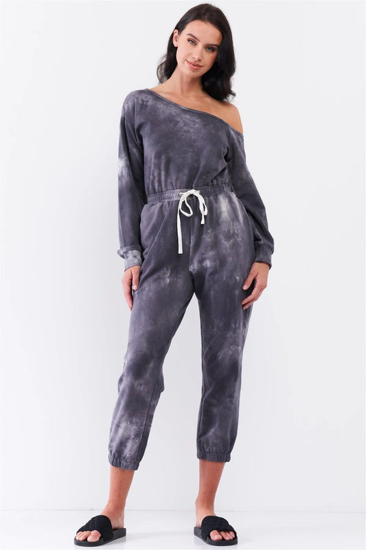 Charcoal Tie-Dye Asymmetrical One-Shoulder Long Sleeve Draw-String Waistline Jogger Jumpsuit /3-2-1 - Tasha Apparel Wholesale