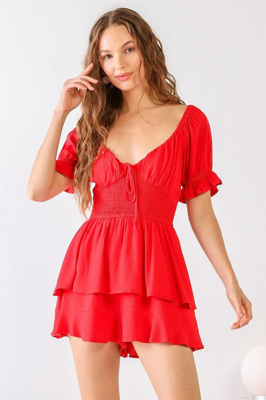 Red Smocked Shape Heart Neck Tired Romper - Tasha Apparel Wholesale