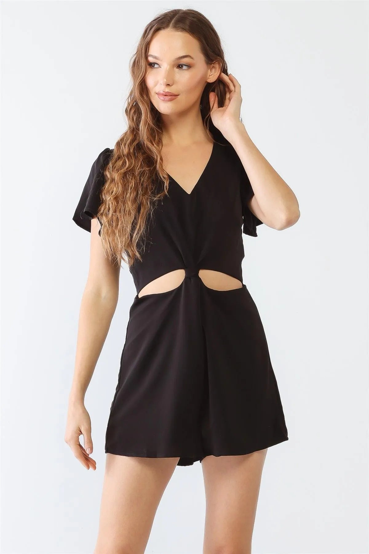 Black V-Neck Short Sleeve Cut-Out Detail Romper /3-2-1 - Tasha Apparel Wholesale