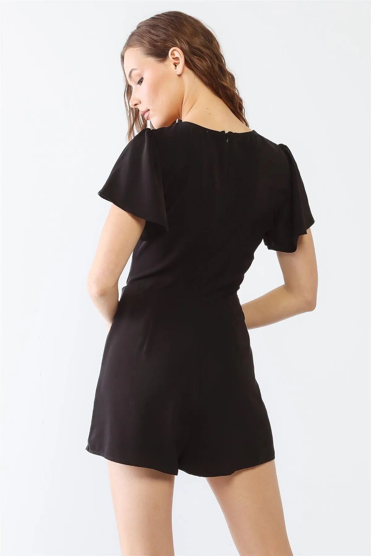 Black V-Neck Short Sleeve Cut-Out Detail Romper /3-2-1 - Tasha Apparel Wholesale