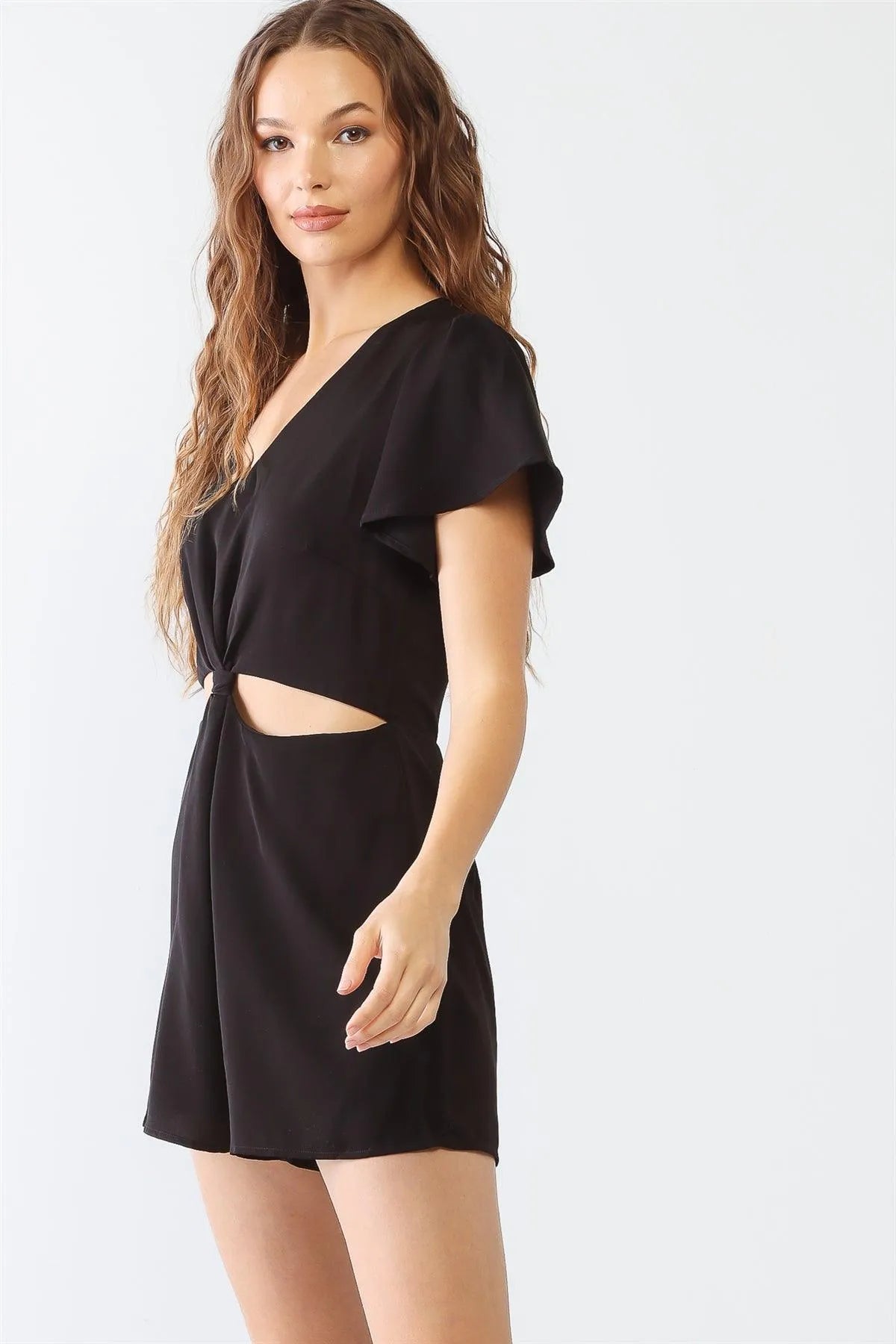 Black V-Neck Short Sleeve Cut-Out Detail Romper /3-2-1 - Tasha Apparel Wholesale