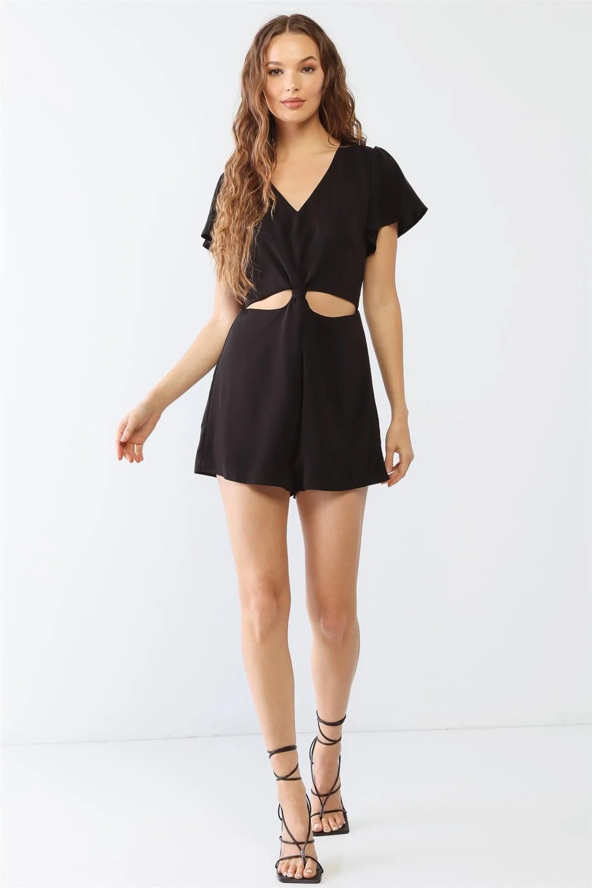 Black V-Neck Short Sleeve Cut-Out Detail Romper /3-2-1 - Tasha Apparel Wholesale
