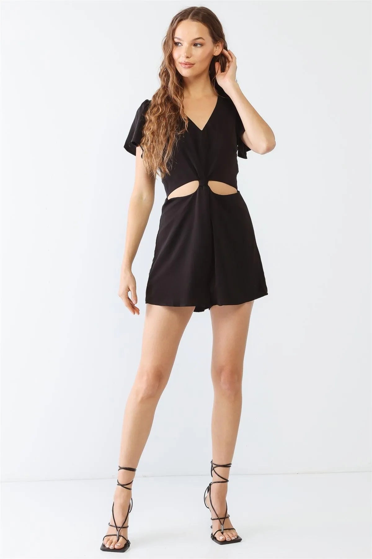 Black V-Neck Short Sleeve Cut-Out Detail Romper /3-2-1 - Tasha Apparel Wholesale