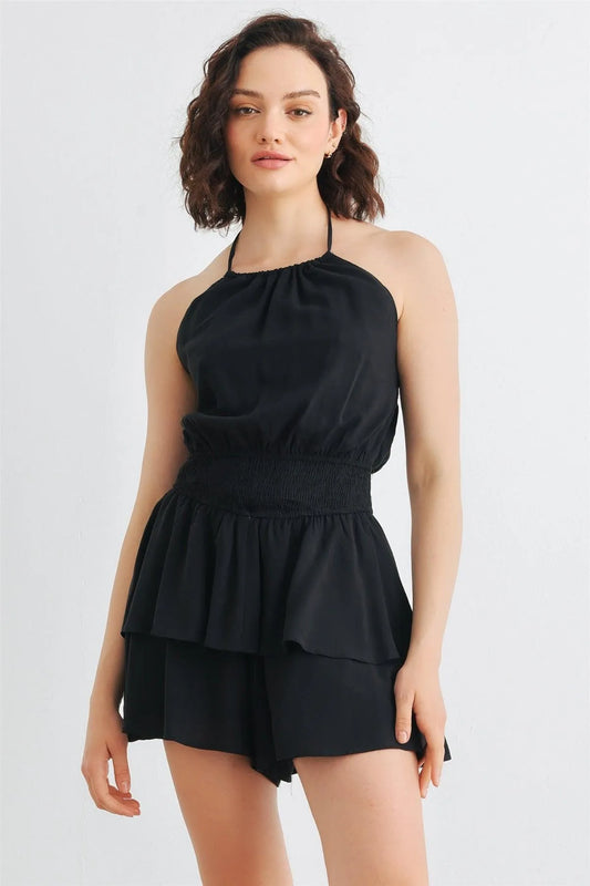 Black Halter Neck Open Back Smocked Tiered Romper /3-2-1 - Tasha Apparel Wholesale