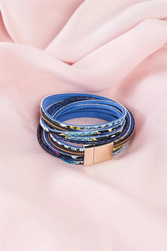 Blue Multi Snake Print Vegan Leather Double Wrap Bracelet /6 Pieces - Tasha Apparel Wholesale