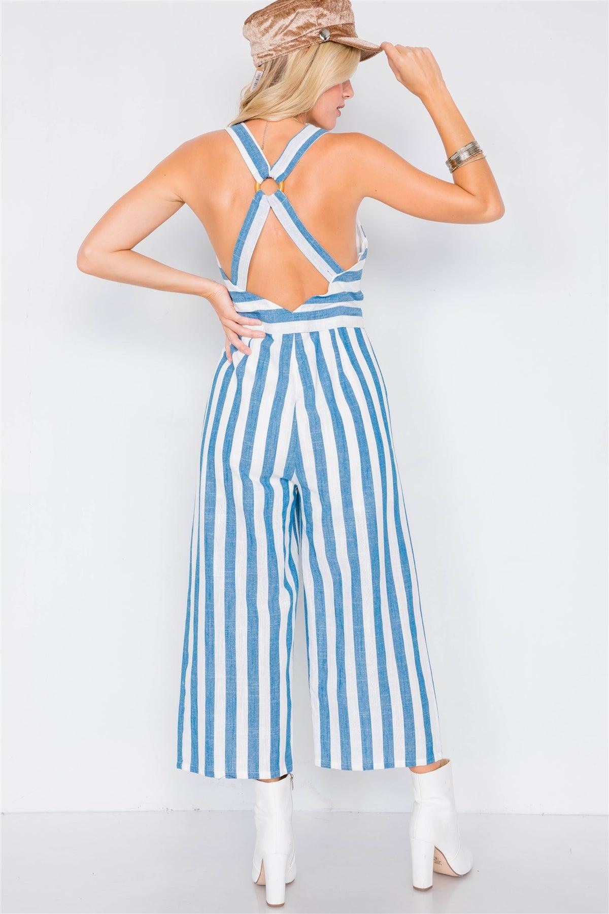 Blue Linen Stripe Button Down Wood Ring Jumpsuit /3-2-1