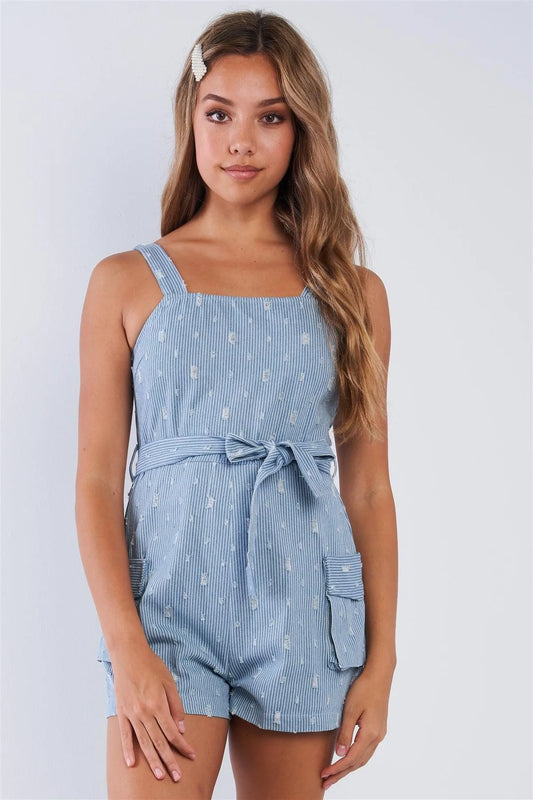 Denim White Pin Striped Destroyed Waist Tie Romper - Tasha Apparel Wholesale