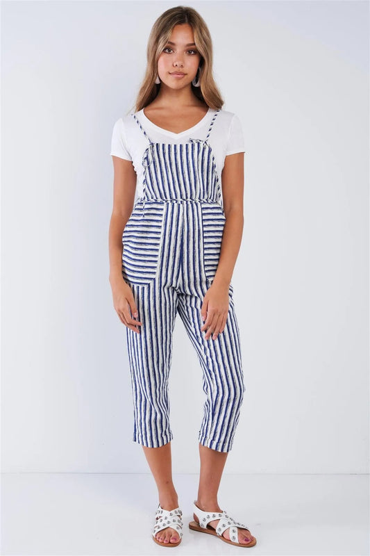 Stripped Linen Ivory & Blue Self-Tie Spaghetti Strap Jumper - Tasha Apparel Wholesale