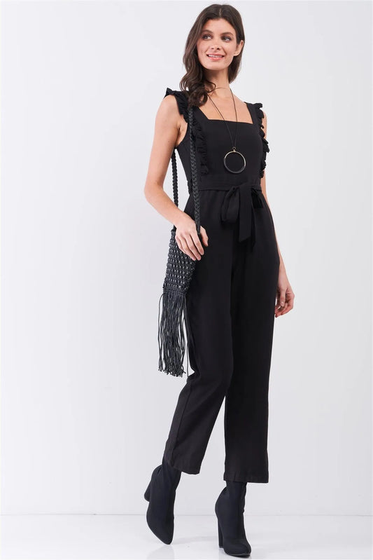 Black Sleeveless Ruffle Hem Self-Tie Belt Detail Straight Leg Jumpsuit /3-2-1 - Tasha Apparel Wholesale
