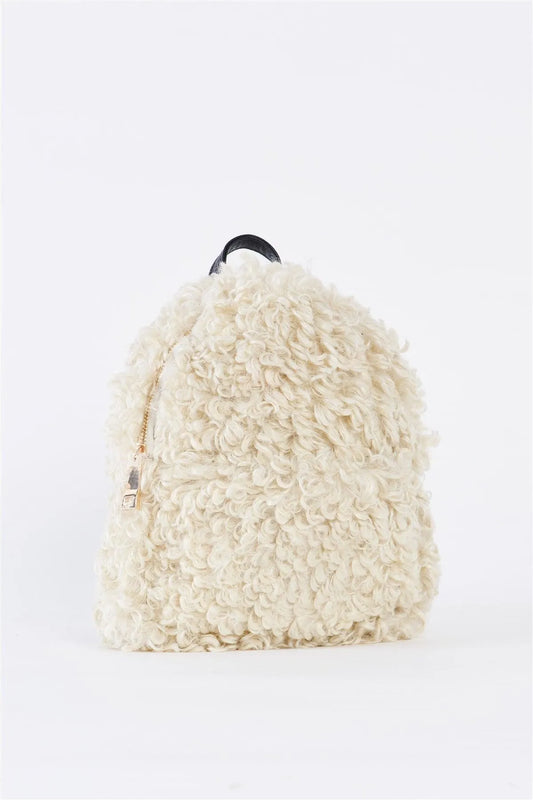Ivory Fuzzy Faux Fur Teddy Bear Mini Backpack /3 Pieces - Tasha Apparel Wholesale