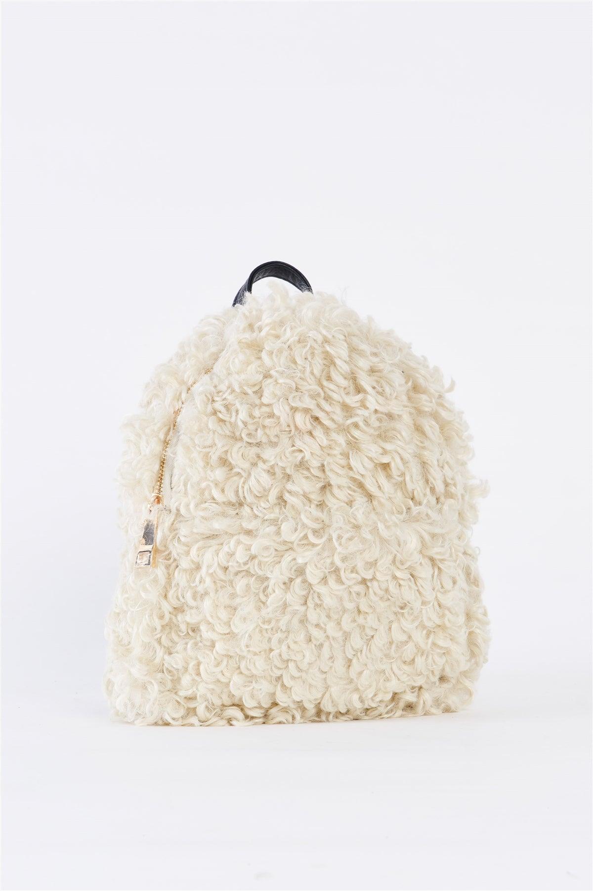 Ivory Fuzzy Faux Fur Teddy Bear Mini Backpack /1 Bag