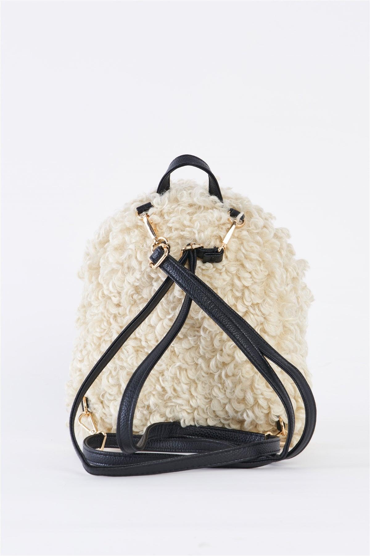 Ivory Fuzzy Faux Fur Teddy Bear Mini Backpack /1 Bag