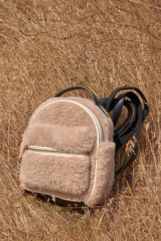Ivory Faux Shearling Mini Teddy Bear Backpack With Chain Detail /1 Bag - Tasha Apparel Wholesale