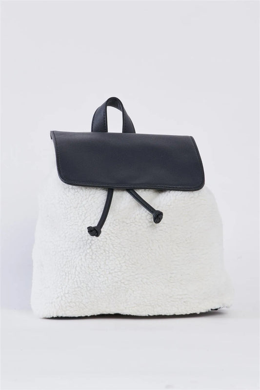 Black & White Flap Faux Fur Vegan Leather Draw String Tie Backpack /3 Pieces - Tasha Apparel Wholesale