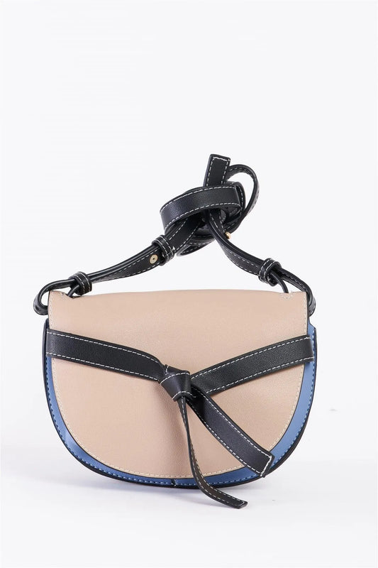 Beige Multi Faux Leather Front Bow Tie White Stitch Crossbody Bag /3 Bags - Tasha Apparel Wholesale