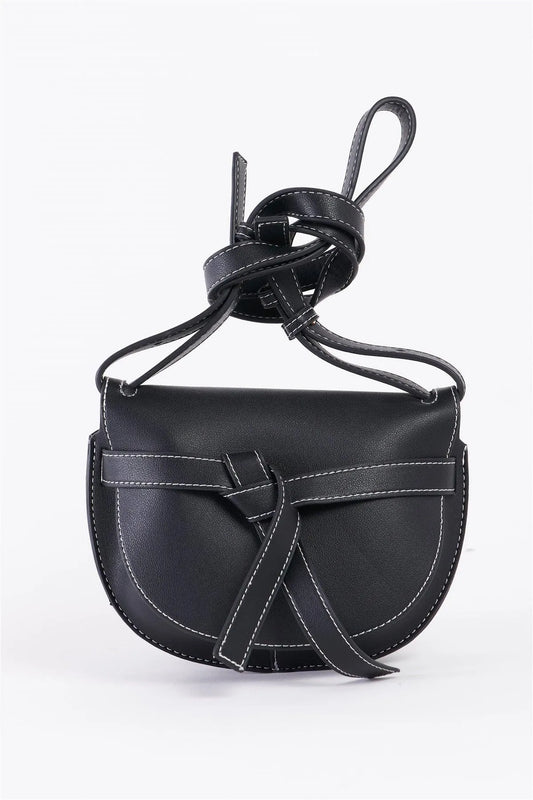 Black Faux Leather Front Bow Tie White Stitch Crossbody Bag /3 Bags - Tasha Apparel Wholesale