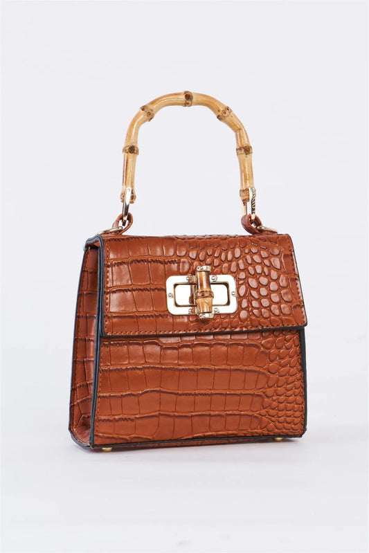 Dreamy Bahamas Camel Faux Alligator Skin Handbag With Bamboo Handle Accent /3 Bags - Tasha Apparel Wholesale