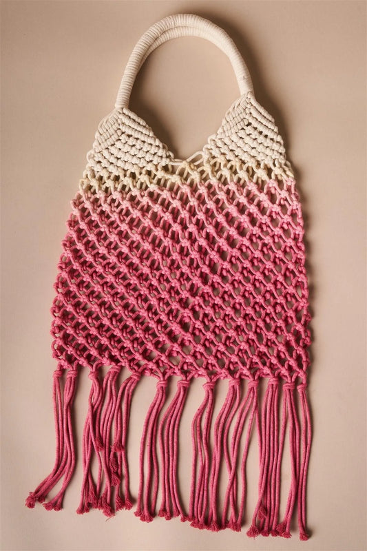 Pink Cotton Net Fringe Fashion Bag /3 Bags - Tasha Apparel Wholesale