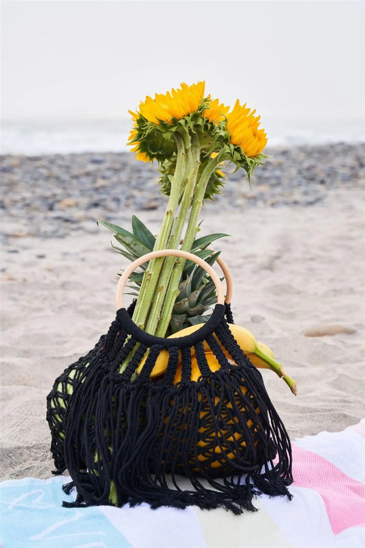 Black Net Front Cable Fringe Wooden Handle Bag /3 Bags - Tasha Apparel Wholesale
