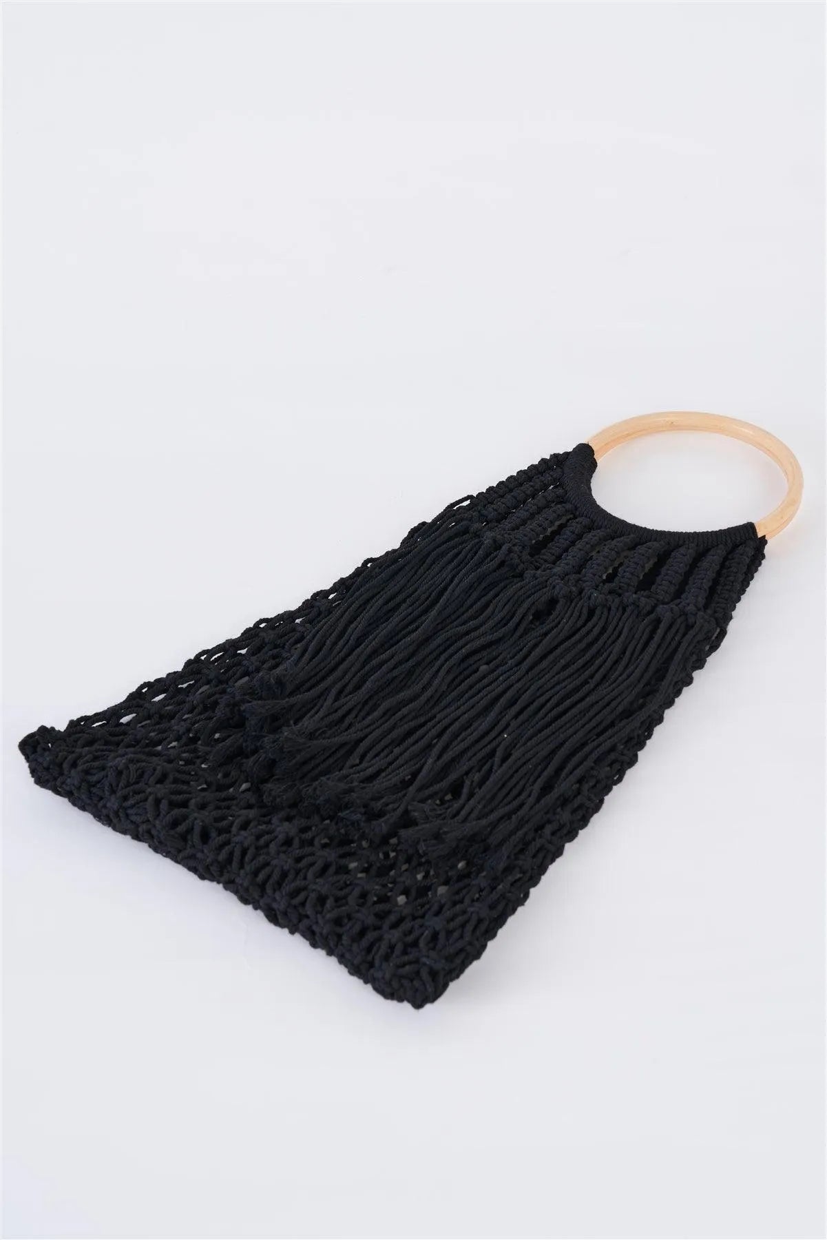 Black Net Front Cable Fringe Wooden Handle Bag /1 Bag - Tasha Apparel Wholesale