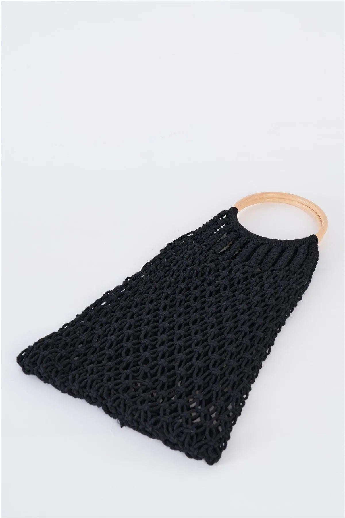Black Net Front Cable Fringe Wooden Handle Bag /1 Bag - Tasha Apparel Wholesale