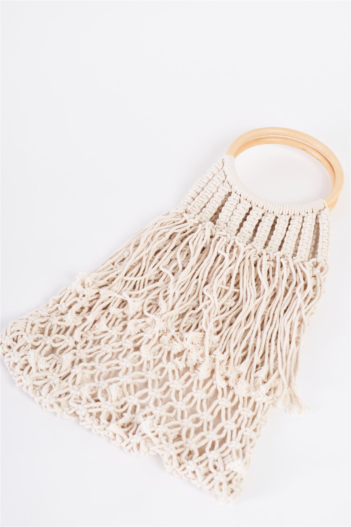 Ivory Net Front Cable Fringe Wooden Handle Bag /3 Bags