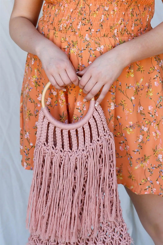 Pink Net Front Cable Fringe Wooden Handle Bag /3 Bags - Tasha Apparel Wholesale