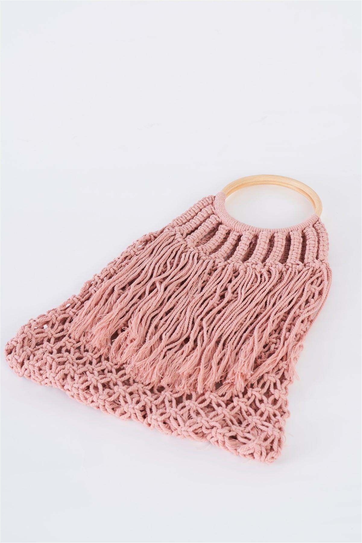 Pink Net Front Cable Fringe Wooden Handle Bag /3 Bags