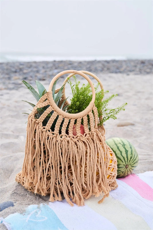 Taupe Net Front Cable Fringe Wooden Handle Bag /1 Bag - Tasha Apparel Wholesale