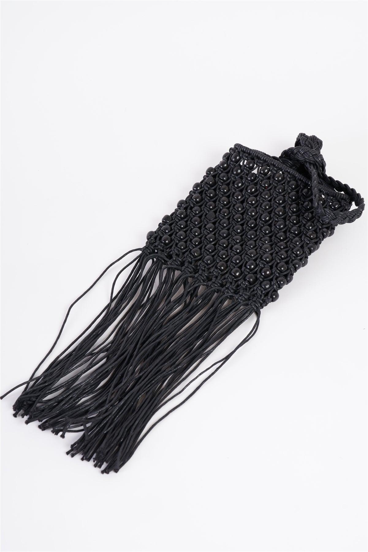 Black Net Cable Fringe Wooden Beads Braided Crossbody Bag /3 Bags