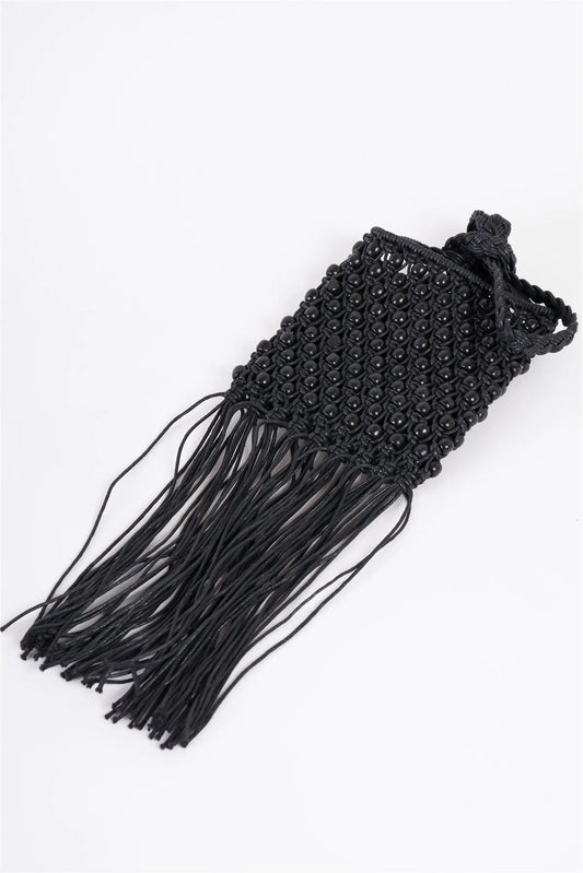 Black Net Cable Fringe Wooden Beads Braided Crossbody Bag /3 Bags - Tasha Apparel Wholesale
