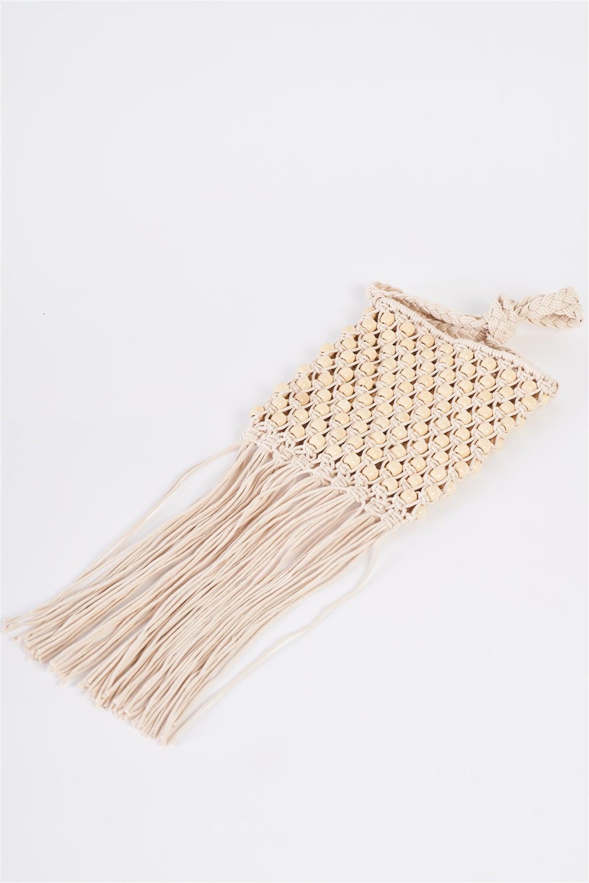 Ivory Net Cable Fringe Wooden Beads Braided Crossbody Bag /1 bag