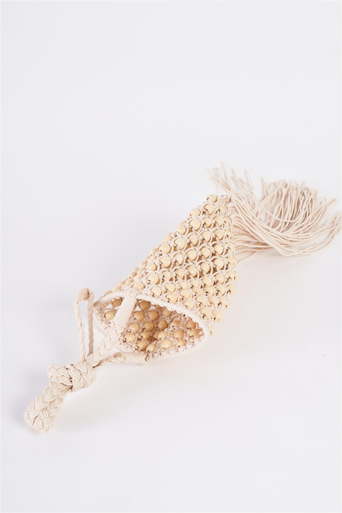 Ivory Net Cable Fringe Wooden Beads Braided Crossbody Bag /1 bag