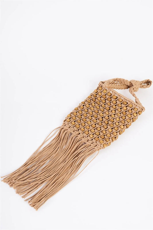 Taupe Net Cable Fringe Wooden Beads Braided Crossbody Bag /3 Bags - Tasha Apparel Wholesale