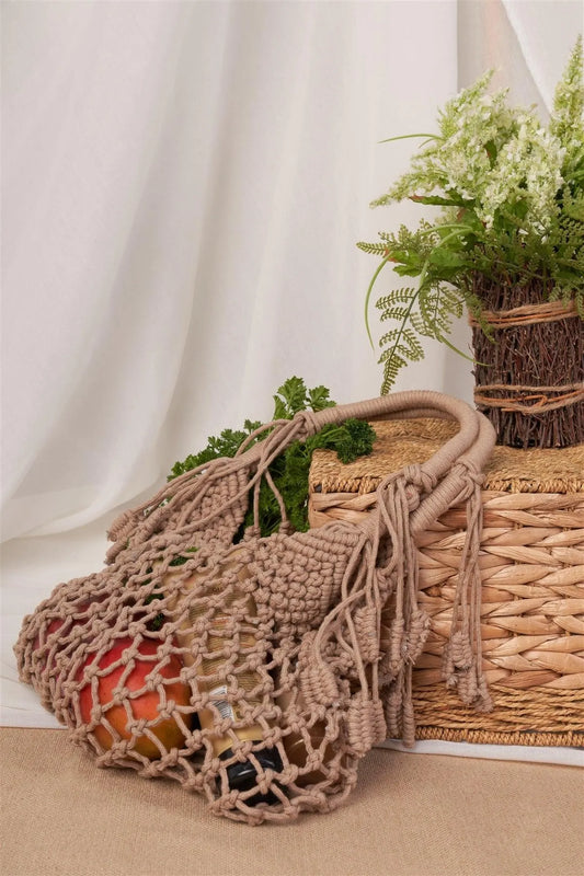 Tan Fashion Cotton Fringe Net Bag /1 Bag - Tasha Apparel Wholesale