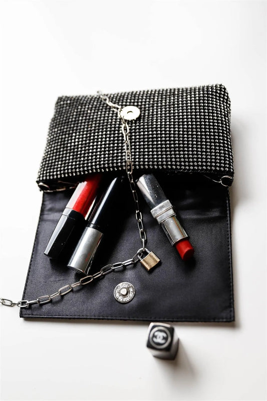 Black Rectangle Rhinestone Chain Crossbody Strap Clutch Bag /1 Bag - Tasha Apparel Wholesale