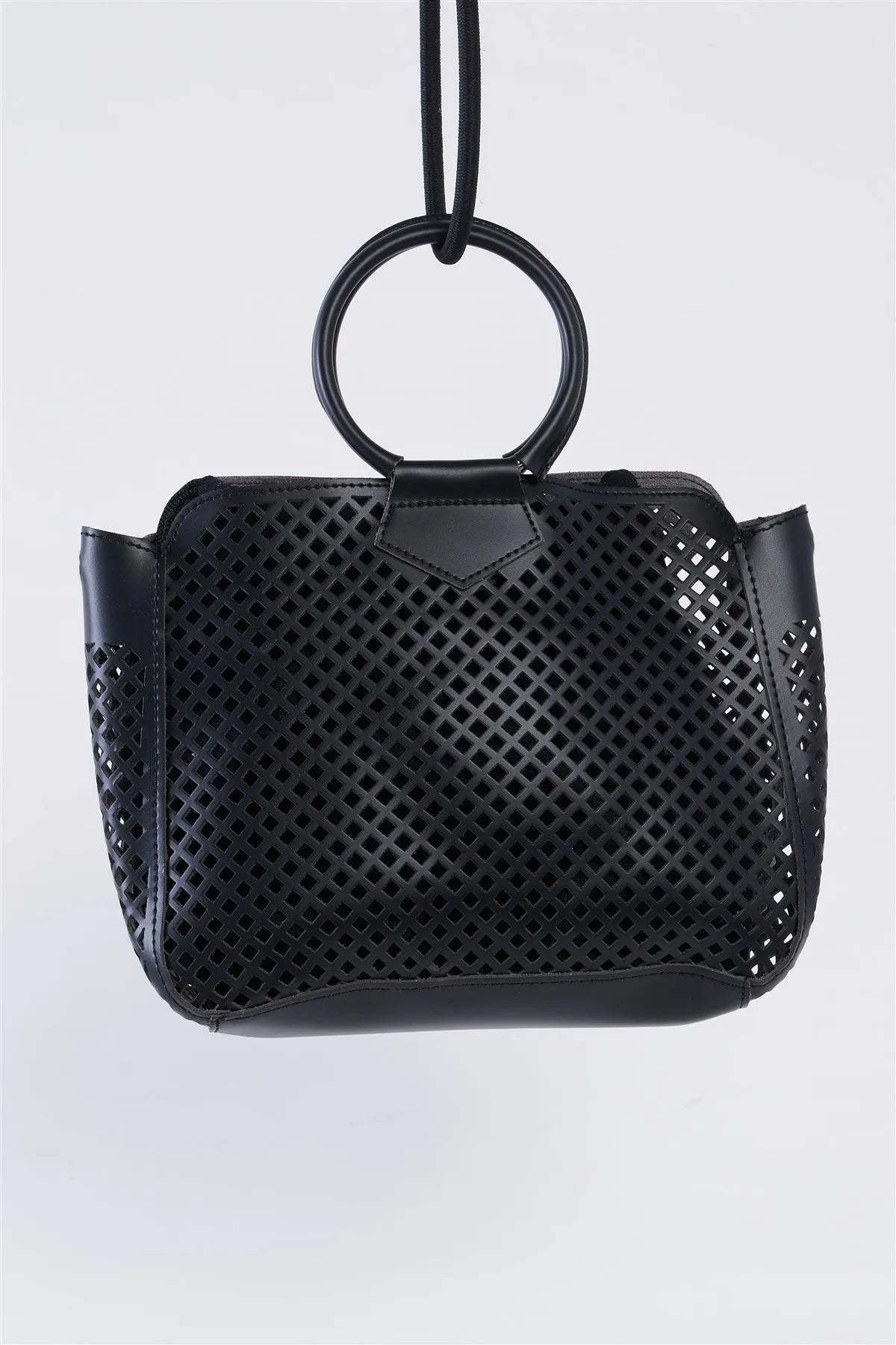 Black Cloth Double Layered Faux Leather Mesh Hidden Magnetic Snap Button Closure Crossbody Handbag / 3 Bags - Tasha Apparel Wholesale