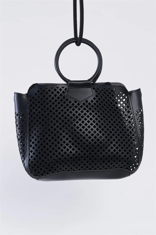 Black Cloth Double Layered Faux Leather Mesh Hidden Magnetic Snap Button Closure Crossbody Handbag / 1 Bag - Tasha Apparel Wholesale
