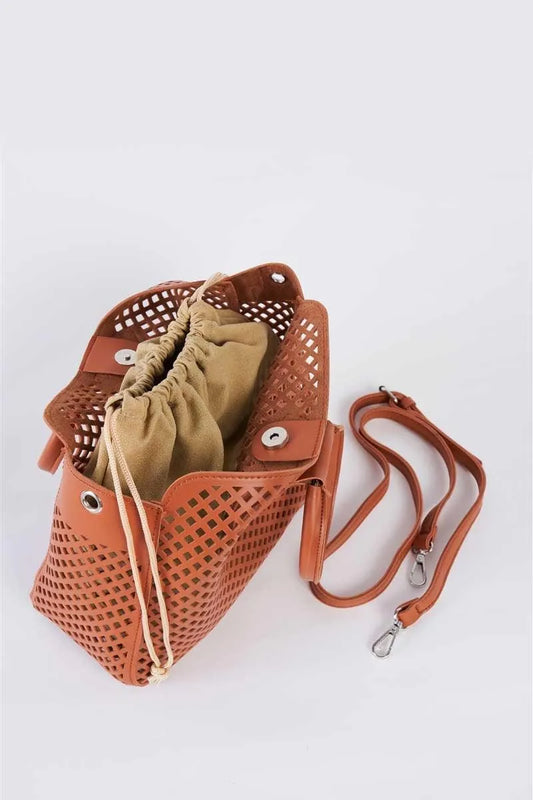 Brown Cloth Double Layered Faux Leather Mesh Hidden Magnetic Snap Button Closure Crossbody Handbag / 1 Bag - Tasha Apparel Wholesale