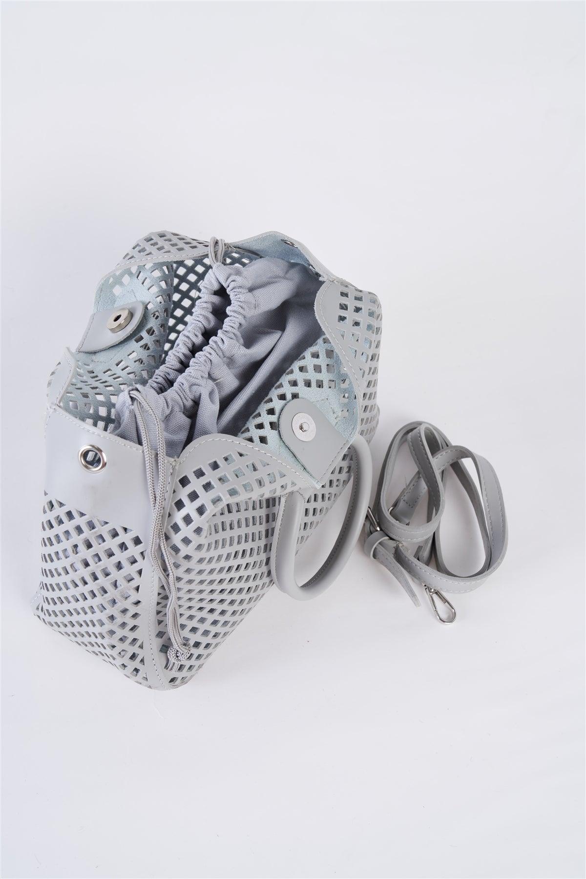 Grey Cloth Double Layered Faux Leather Mesh Hidden Magnetic Snap Button Closure Crossbody Handbag / 3 Bags